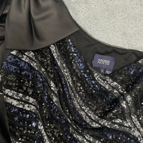 Marchesa Notte One-Shoulder Bow-Embellished Striped Sequined Tulle Gown - Picture 4 of 4